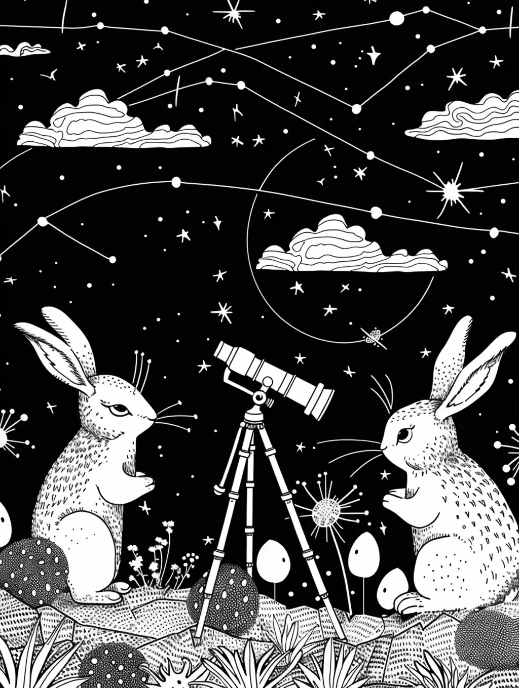 手绘儿童读物绘本望远镜兔子黑白线稿星空宇宙封面插图海报midjourney关键词咒语 - Ai宇宙吧--Ai宇宙吧-