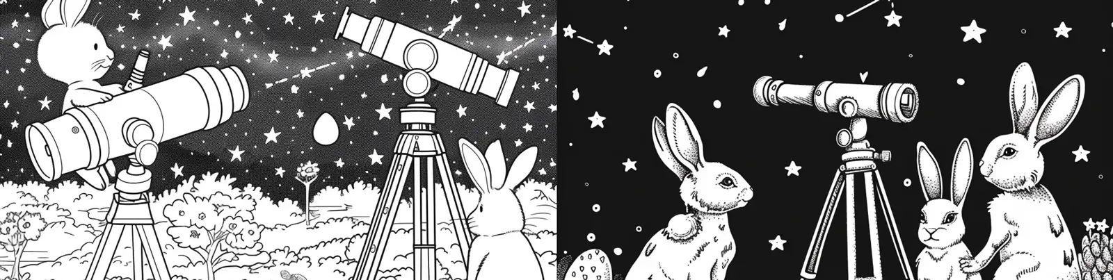 手绘儿童读物绘本望远镜兔子黑白线稿星空宇宙封面插图海报midjourney关键词咒语