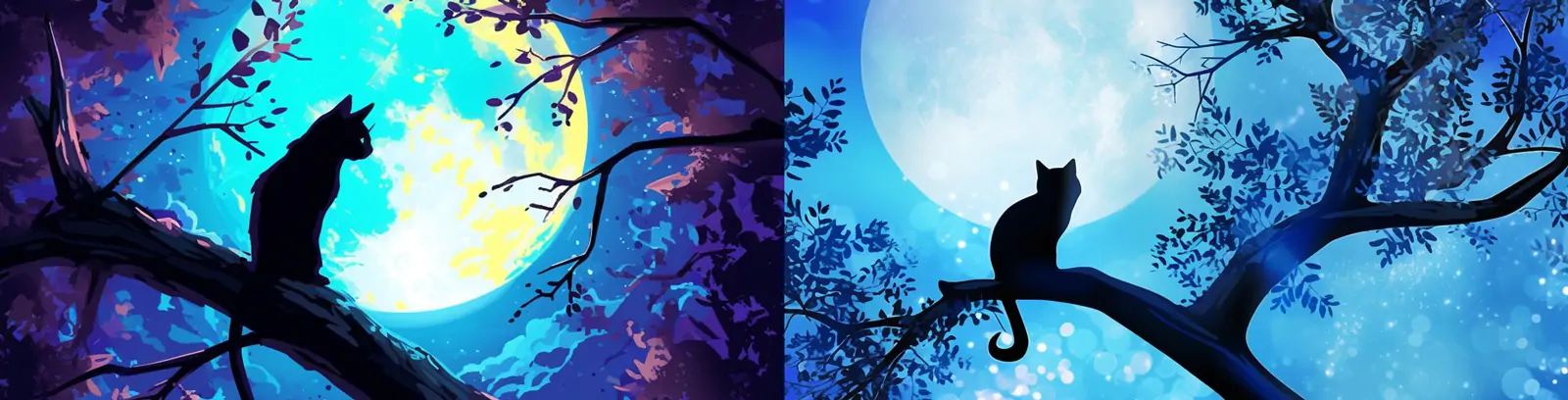 创意夜晚树枝月亮布伦奇猫咪剪影艺术摄影海报midjourney关键词咒语