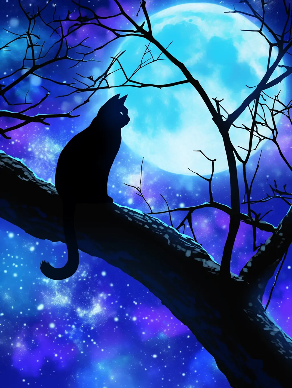 创意夜晚树枝月亮布伦奇猫咪剪影艺术摄影海报midjourney关键词咒语 - Ai宇宙吧--Ai宇宙吧-