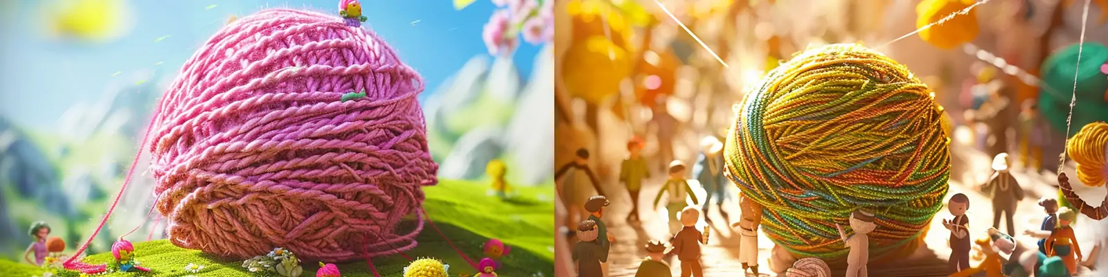 趣味可爱卡通纱线毛球微缩场景创意广告插图海报midjourney关键词咒语