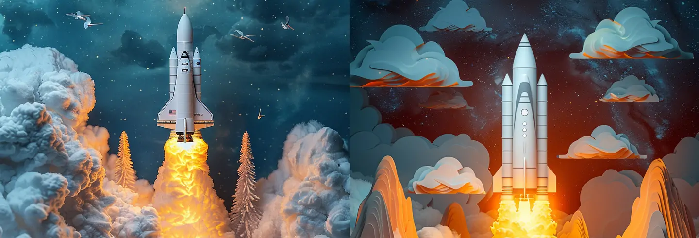 儿童绘本绘图插画卡通火箭发射星空场景Midjourney关键词咒语