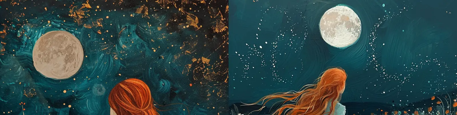 手绘梦幻花园田野红头发女孩浪漫月光刺绣花纹图案插图海报midjourney关键词咒语