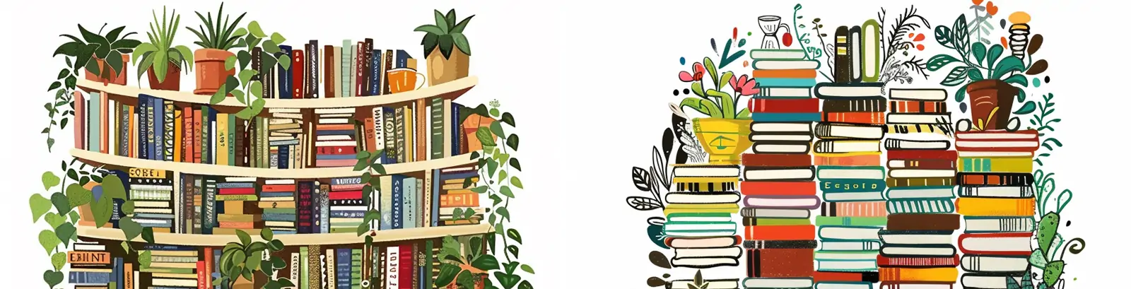 手绘卡通人物女孩图书馆读书阅读咖啡植物平面矢量插图海报midjourney关键词咒语
