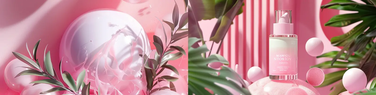 梦幻粉色气球绿色植物化妆品护肤品场景广告海报背景midjourney关键词咒语