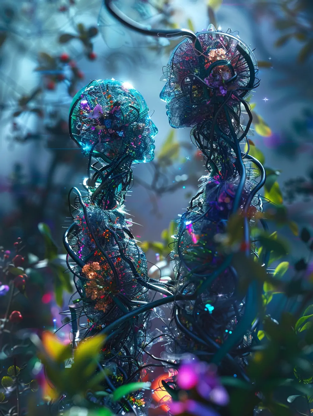 3D立体未来科技人物透视骨骼轮廓鲜花植物动作姿态摄影海报midjourney关键词咒语 - Ai宇宙吧--Ai宇宙吧-