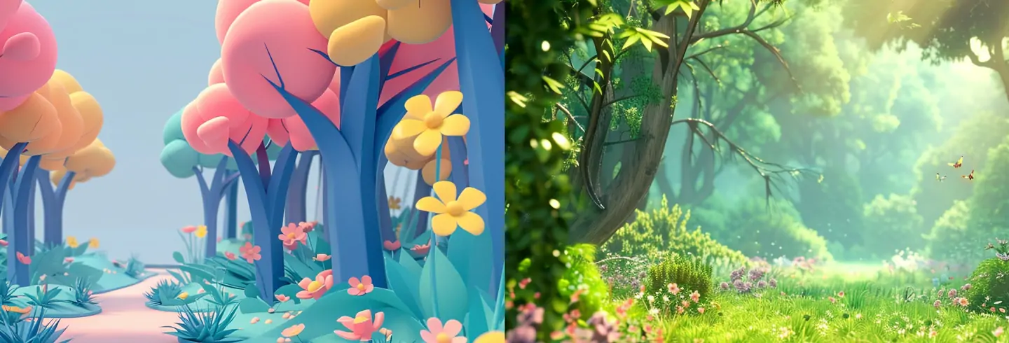卡通森林树林儿童可爱C4d三维场景Midjourney关键词提示词咒语