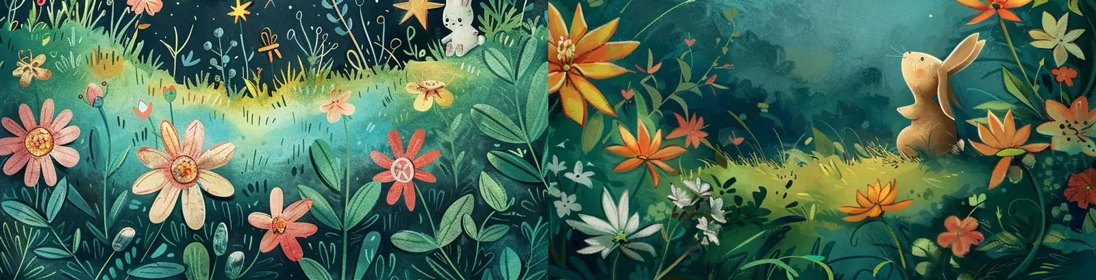 手绘卡通儿童书籍绘本读物兔子星空鲜花自然封面插图海报midjourney关键词咒语