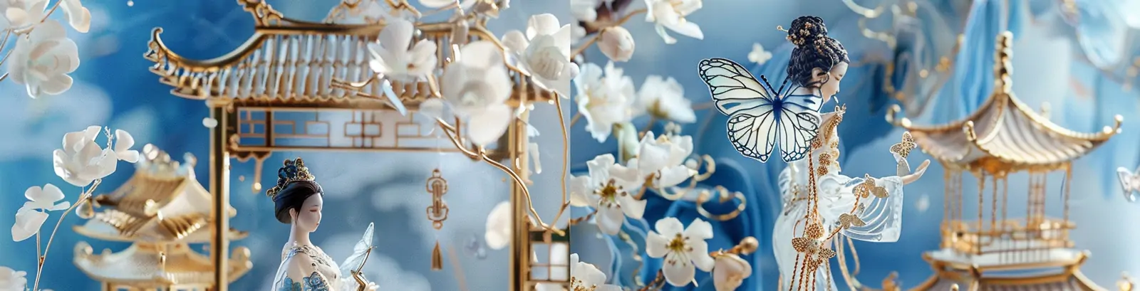 中式法朗丝工艺蝴蝶古典女孩建筑鲜花梦幻场景插图海报midjourney关键词咒语