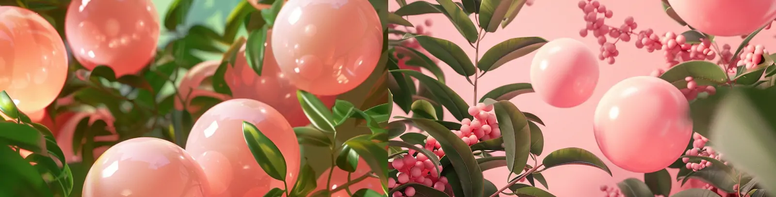 梦幻粉色气球绿色植物化妆品护肤品场景广告海报背景midjourney关键词咒语