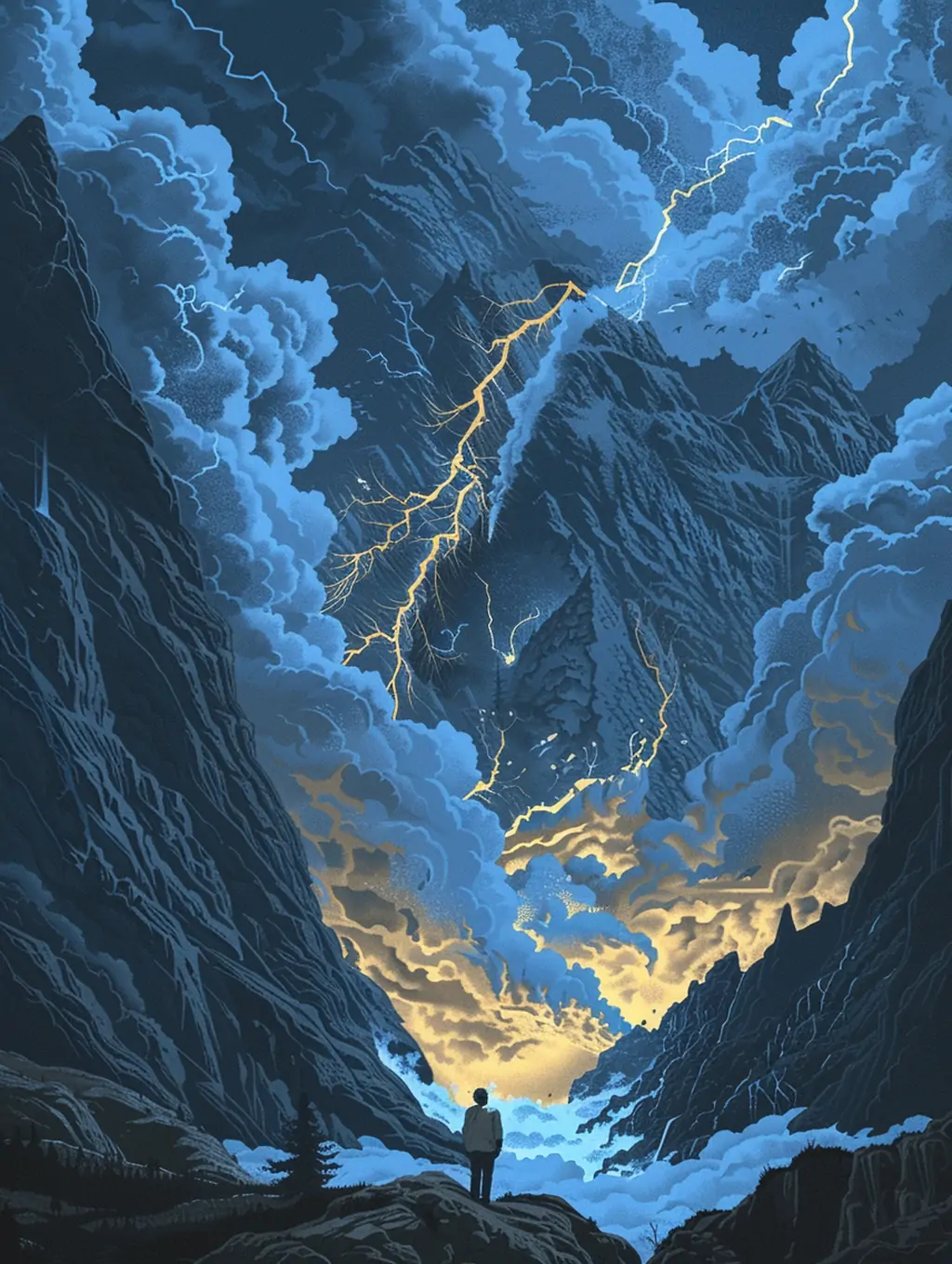 Midjourney - 手绘自然风景山谷云朵闪电人物背影场景插图海报midjourney关键词咒语 场景-Ai宇宙吧-