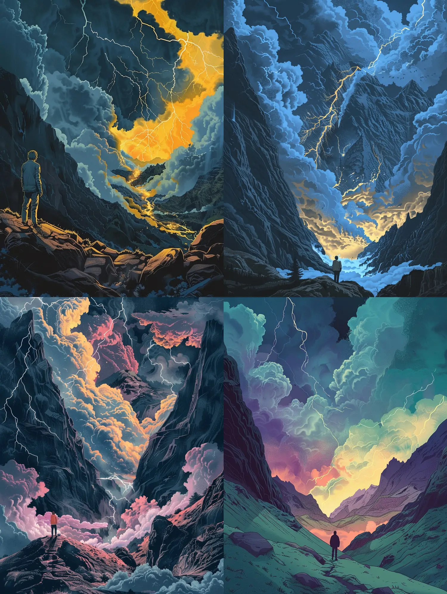 手绘自然风景山谷云朵闪电人物背影场景插图海报midjourney关键词咒语