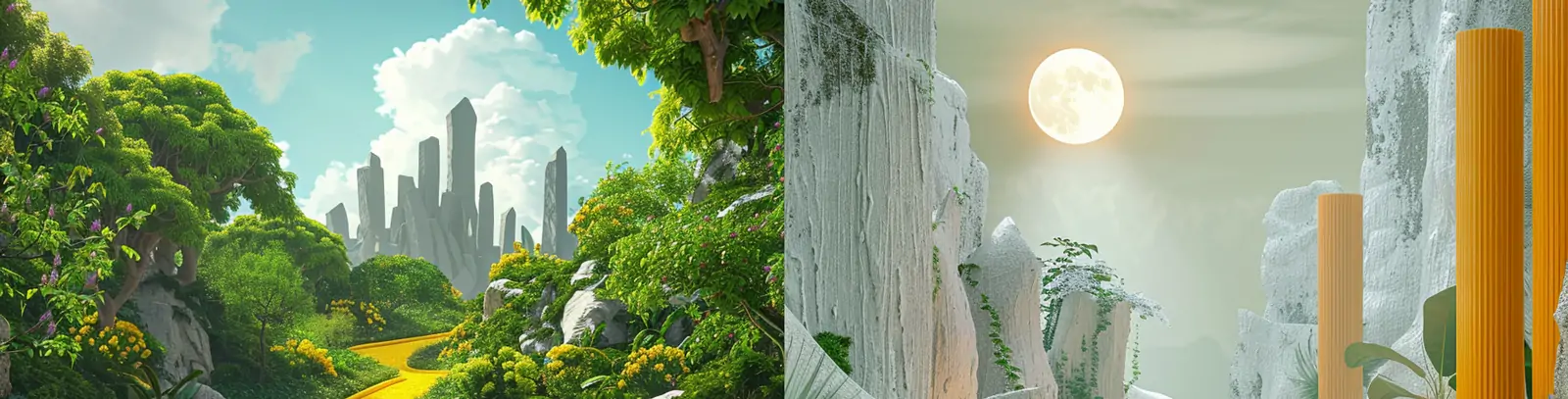 创意绿色自然森林树木植物黄色弯曲道路河流景观场景海报midjourney关键词咒语