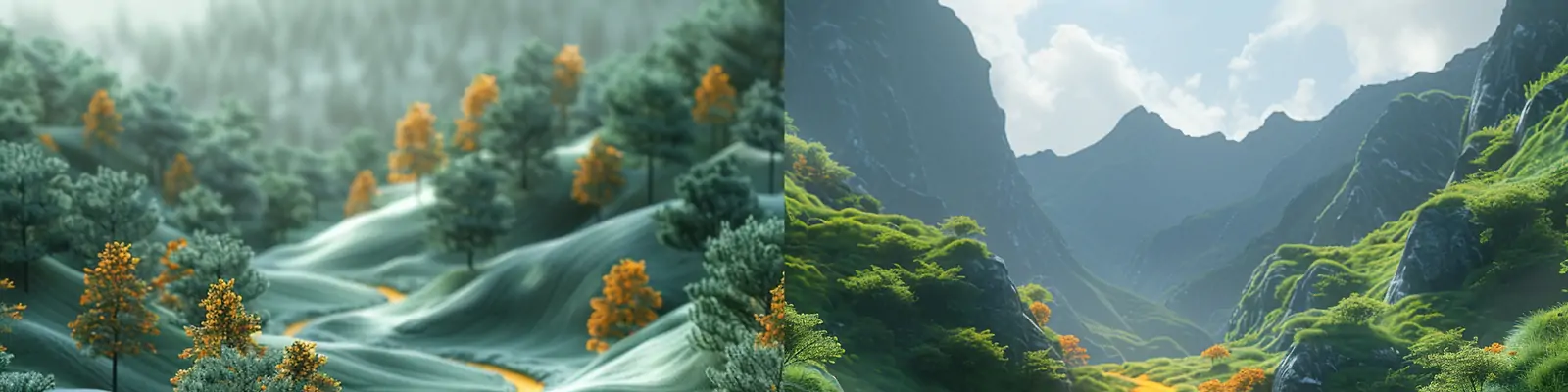 创意绿色自然森林树木植物黄色弯曲道路河流景观场景海报midjourney关键词咒语