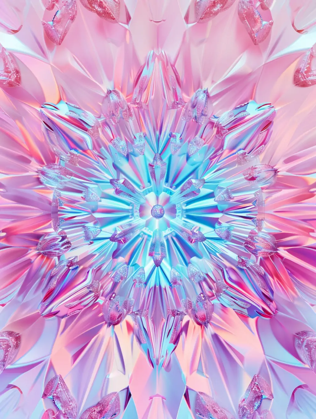 蓝粉色透明水晶玻璃渐变万花筒光影线条概念艺术壁纸海报背景midjourney关键词咒语-Ai宇宙吧-