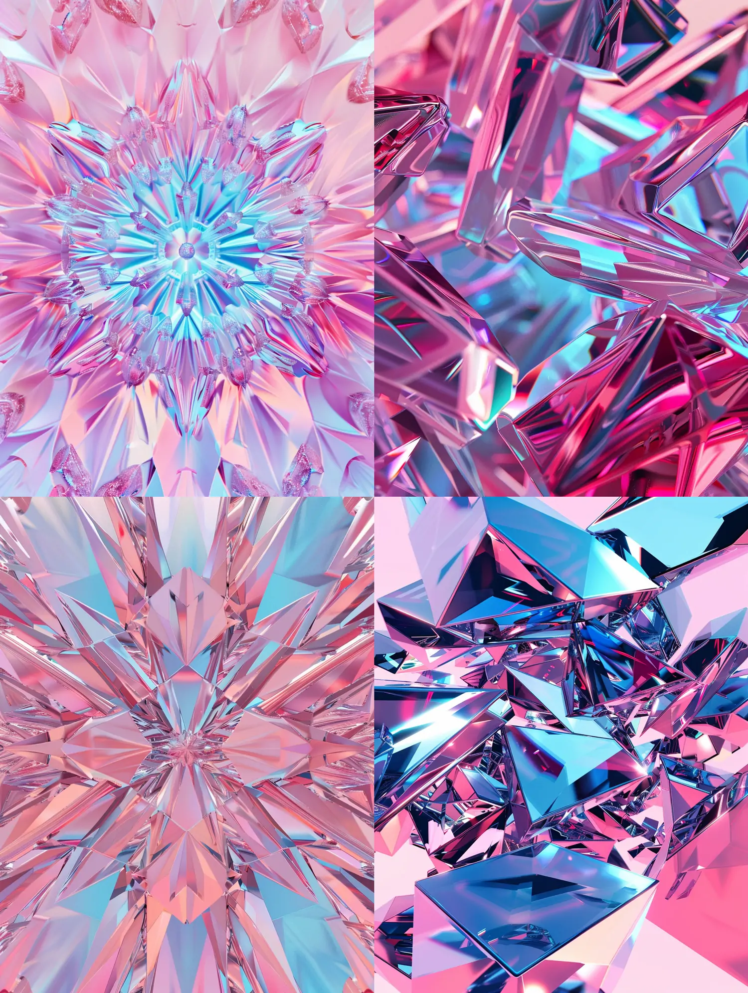 蓝粉色透明水晶玻璃渐变万花筒光影线条概念艺术壁纸海报背景midjourney关键词咒语