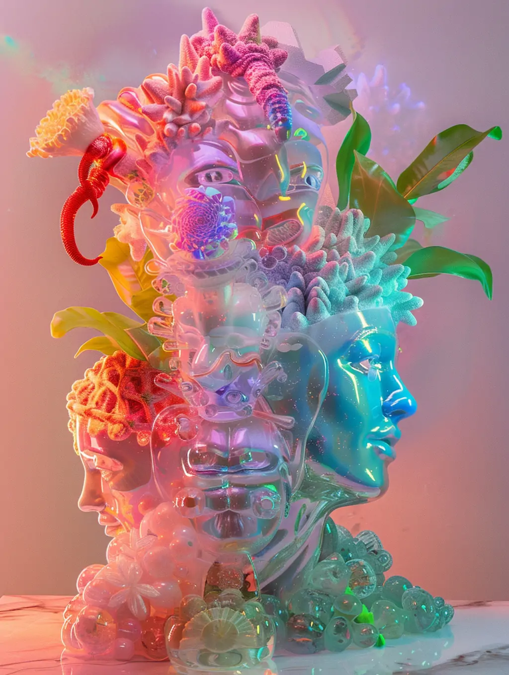 抽象的玻璃塑料植物人像混合未来主义艺术画Midjourney关键词咒语 - Ai宇宙吧--Ai宇宙吧-