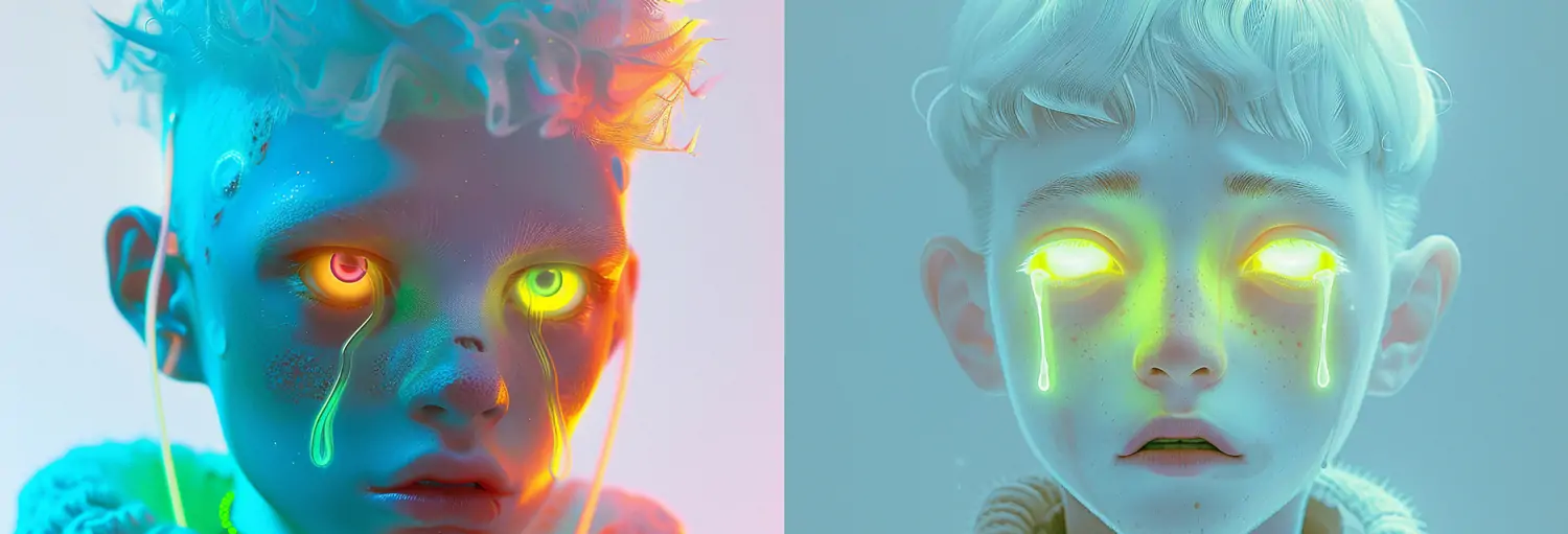 未来主义外星人哭泣的男孩荧光泪Midjourney关键词提示词咒语