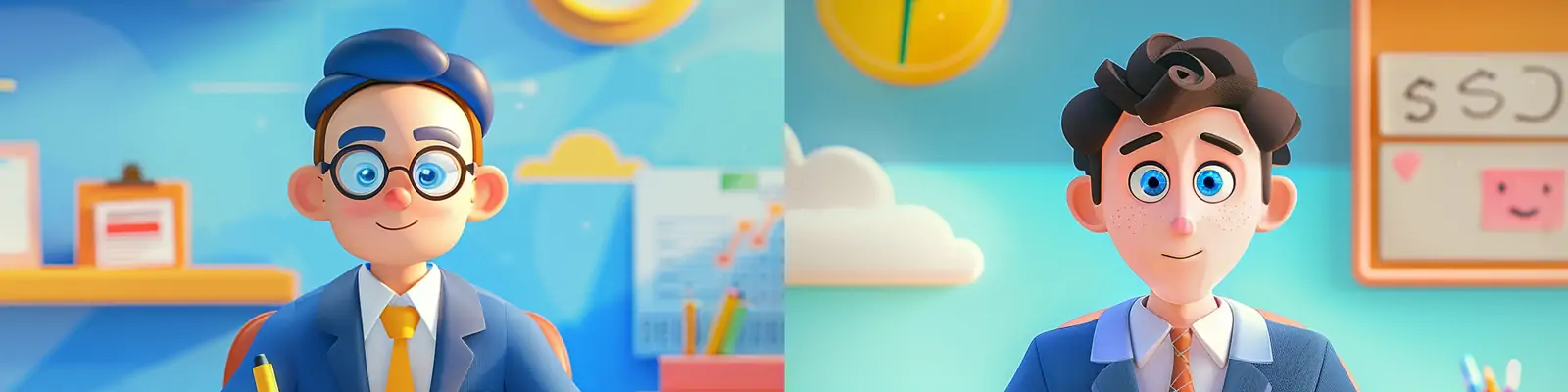 手绘3D可爱卡通商务西装男人办公桌皮克斯风格插图海报midjourney关键词咒语