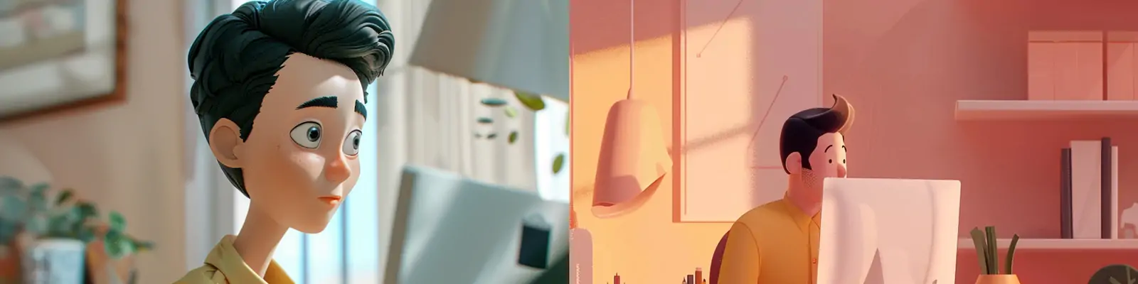 手绘极简主义3D立体可爱卡通男孩电脑工作动画插图海报midjourney关键词咒语