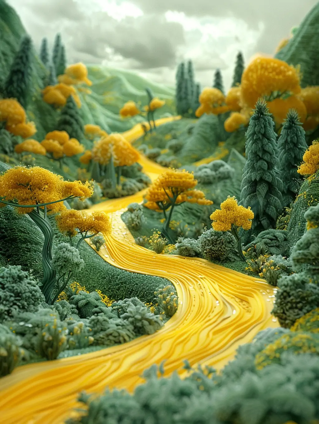 创意有趣异想天开绿色景观黄色河流道路自然风景电影场景插图海报midjourney关键词咒语 - Ai宇宙吧--Ai宇宙吧-