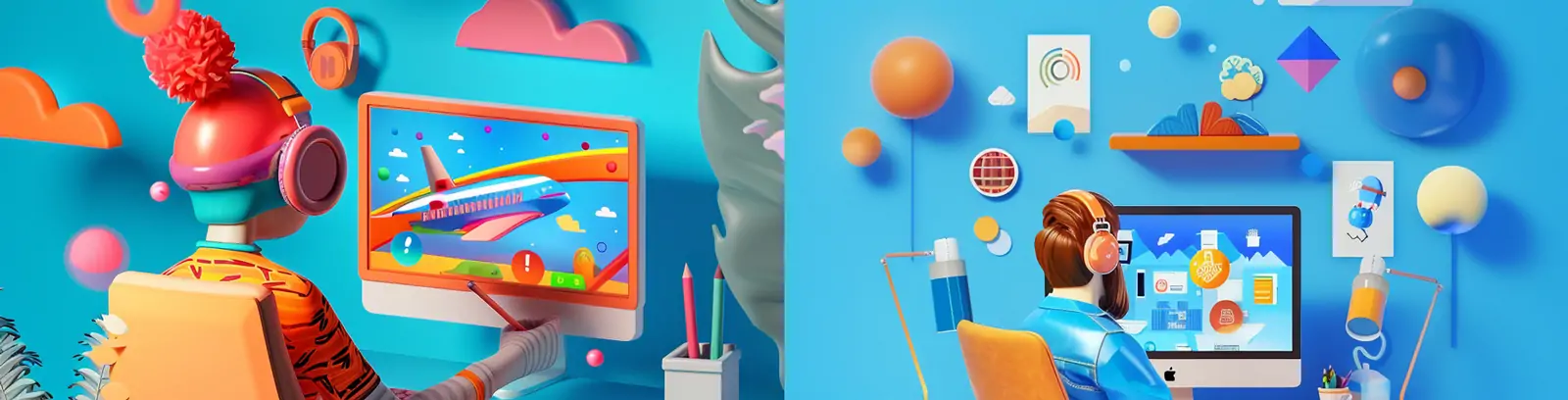 手绘3D可爱卡通商务人物办公桌电脑工作场景插图海报midjourney关键词咒语