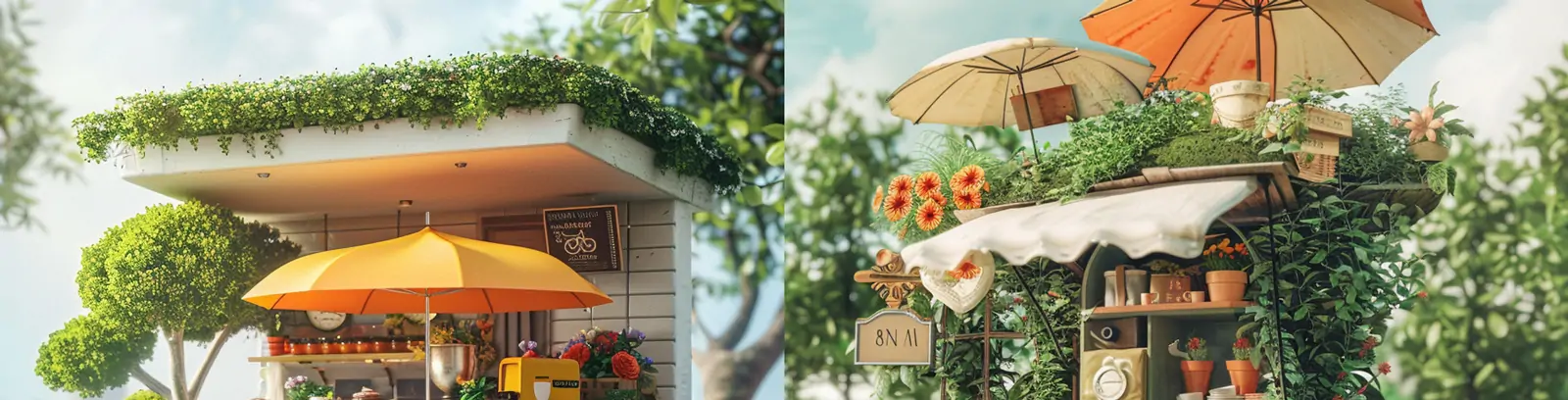 田园风商店咖啡店遮阳伞自行车自然鲜花植物商业摄影海报midjourney关键词咒语
