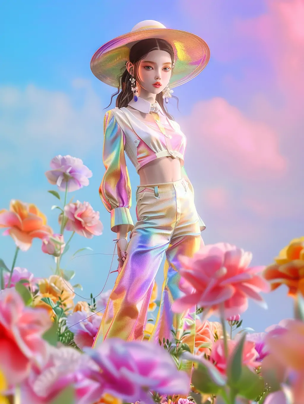 3D渲染逼真时尚彩虹花朵服装帽子女孩人物花园场景插图海报midjourney关键词咒语 - Ai宇宙吧--Ai宇宙吧-