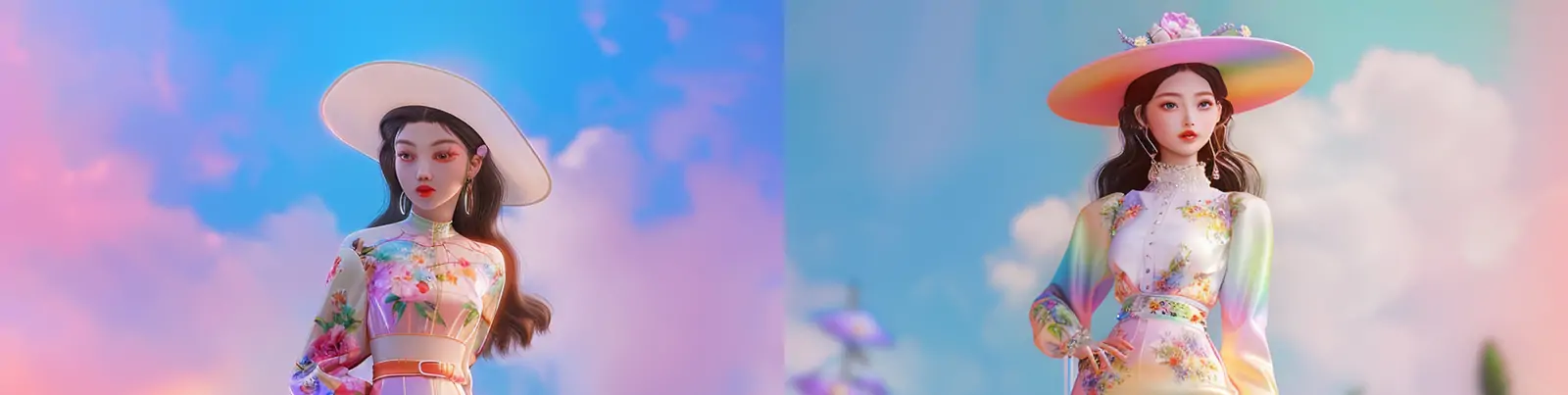 3D渲染逼真时尚彩虹花朵服装帽子女孩人物花园场景插图海报midjourney关键词咒语