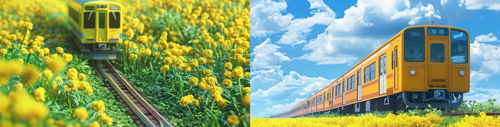 春天黄色油菜花梦幻火车轨道观光风景线旅行踏青鸟瞰图插图海报midjourney关键词咒语