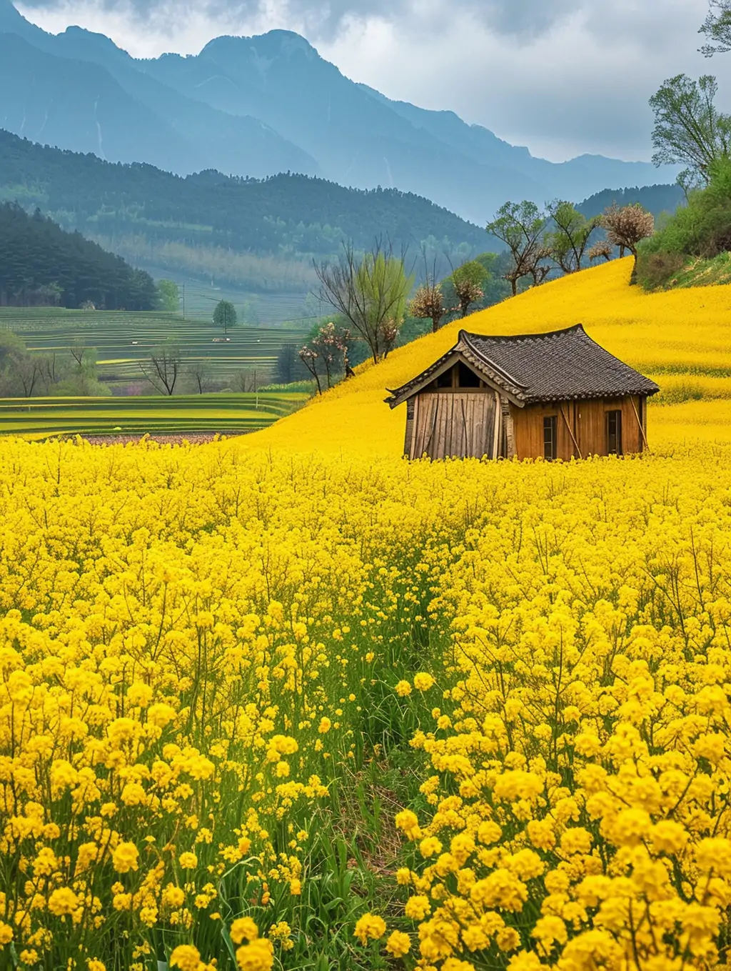 美丽乡村春天金黄油菜花自然风景小木屋场景摄影海报midjourney关键词咒语 - Ai宇宙吧--Ai宇宙吧-