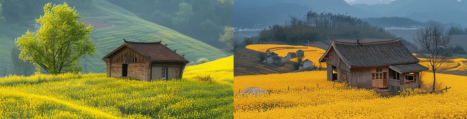 美丽乡村春天金黄油菜花自然风景小木屋场景摄影海报midjourney关键词咒语
