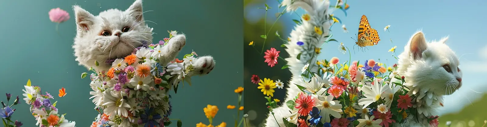 创意春天鲜花猫咪草地奔跑玩耍追蝴蝶场景合成海报midjourney关键词咒语