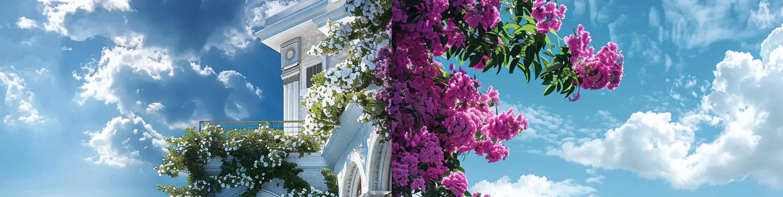 高级干净蓝色游泳池梦幻鲜花蓝天白云场景摄影海报背景midjourney关键词咒语