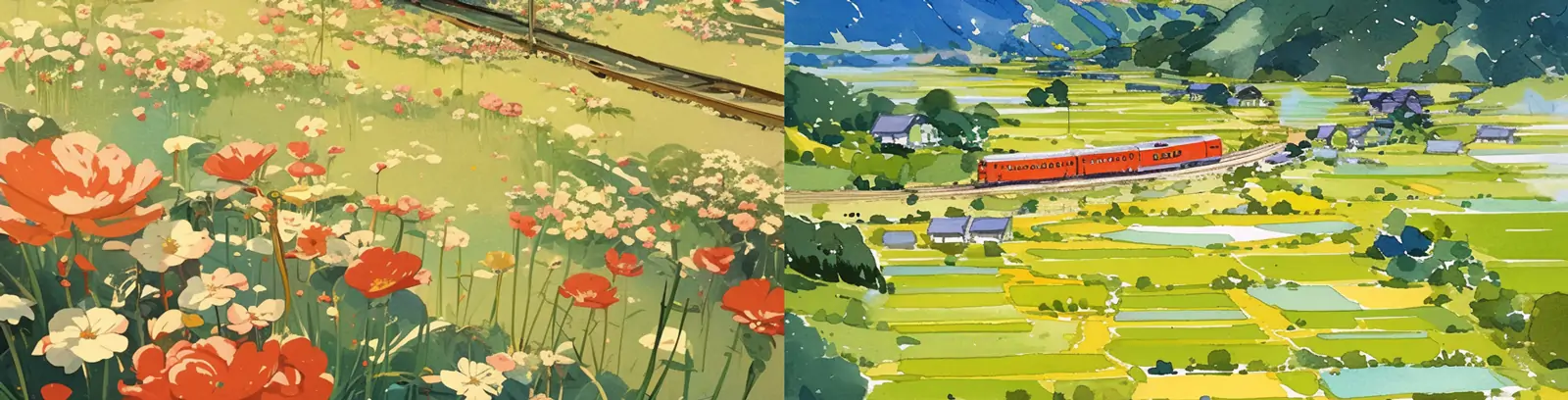 中国风春天自然火车穿梭观光旅游风景画插图海报midjourney关键词咒语