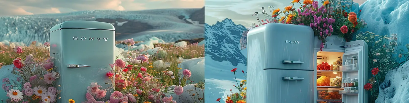 创意索尼冰箱鲜花冰川景观场景商业产品广告摄影海报midjourney关键词咒语