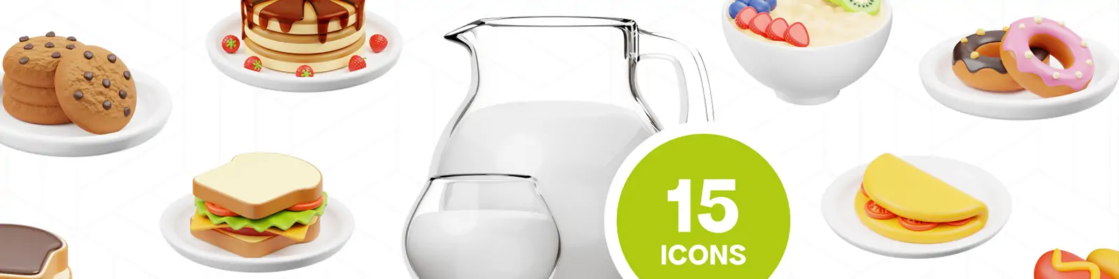 3D立体营养早餐美食面包牛奶饮料png图标插图blender设计素材模型