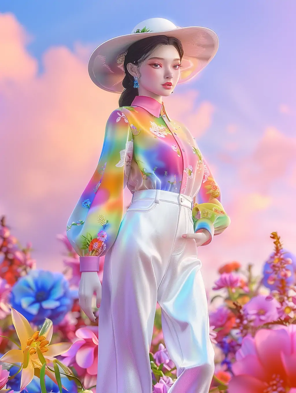 3D渲染逼真时尚彩虹花朵服装帽子女孩模特人物花园场景摄影海报midjourney关键词咒语 - Ai宇宙吧--Ai宇宙吧-