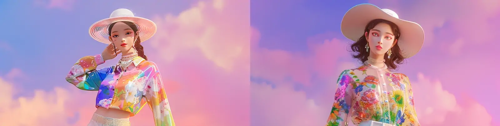 3D渲染逼真时尚彩虹花朵服装帽子女孩模特人物花园场景摄影海报midjourney关键词咒语