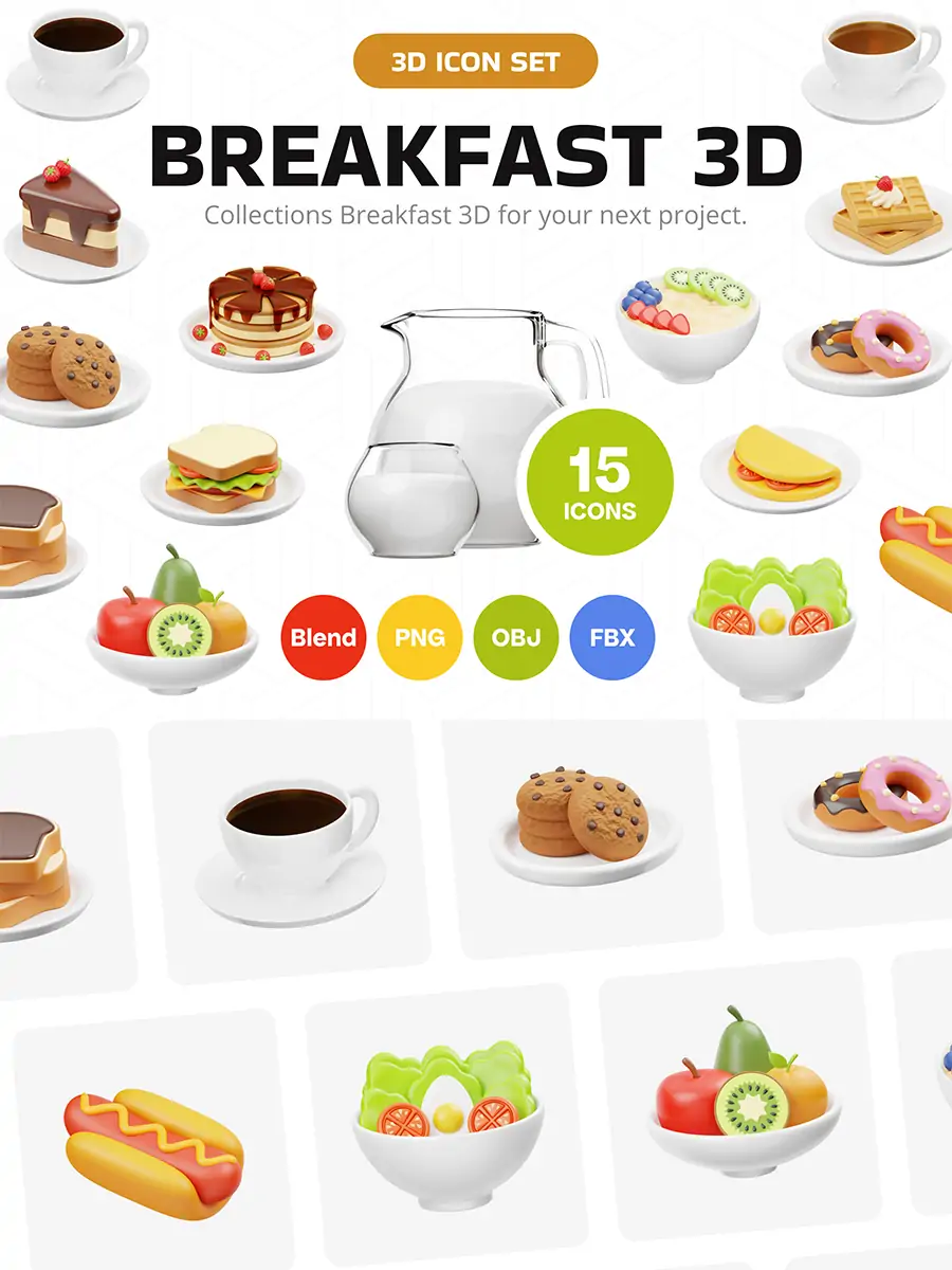 3D立体营养早餐美食面包牛奶饮料png图标插图blender设计素材模型 - Ai宇宙吧--Ai宇宙吧-