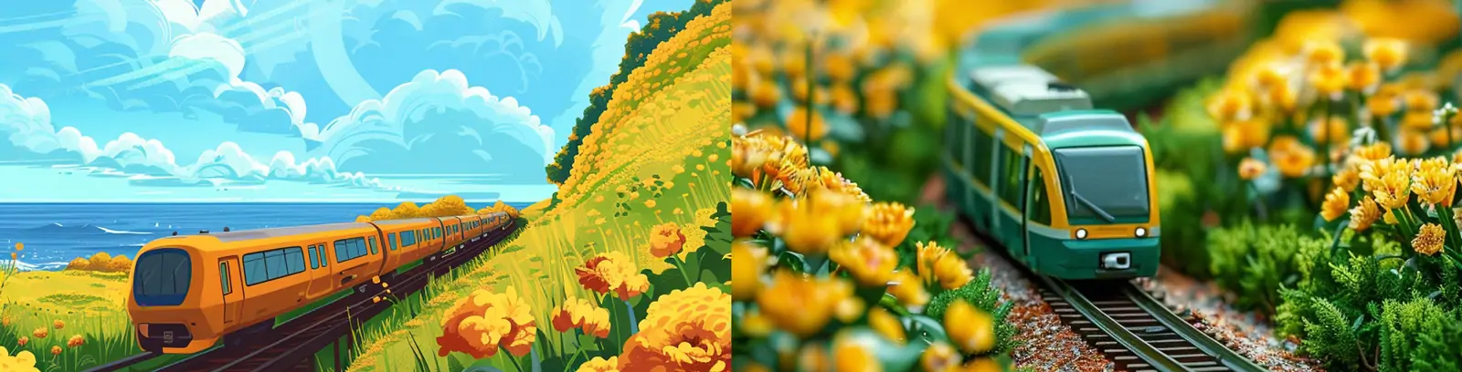 春天黄色油菜花梦幻小火车轨道观光风景线旅行踏青鸟瞰图插图海报midjourney关键词咒语