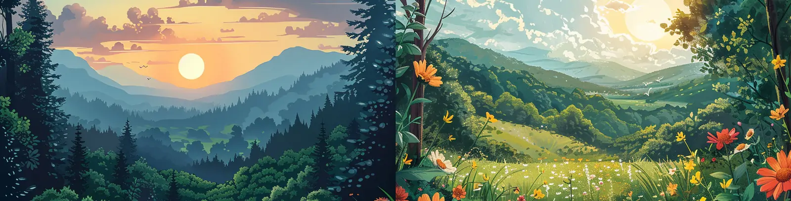 手绘现实主义春天自然森林鲜花植物山脉风景夕阳场景插图海报midjourney关键词咒语