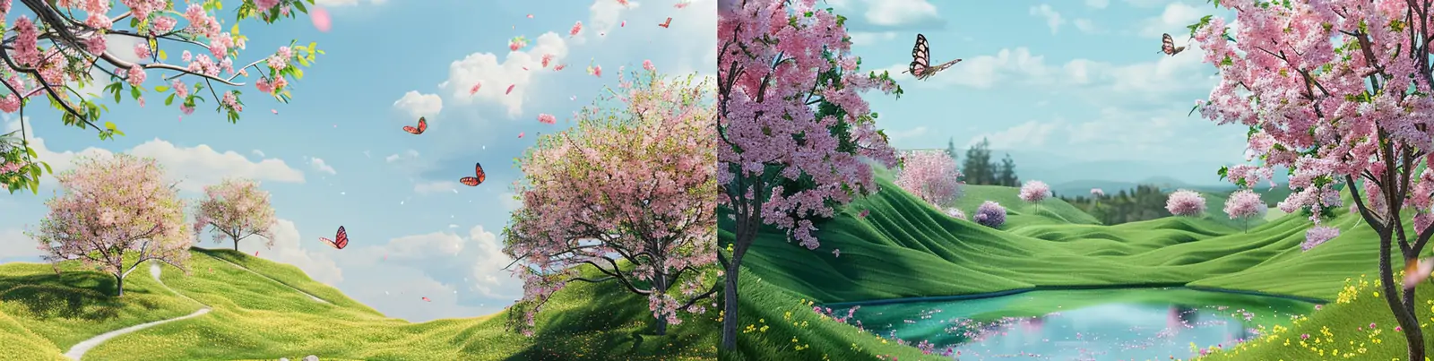 美丽春天花园草地樱花蝴蝶飞舞山丘河流场景摄影海报midjourney关键词咒语