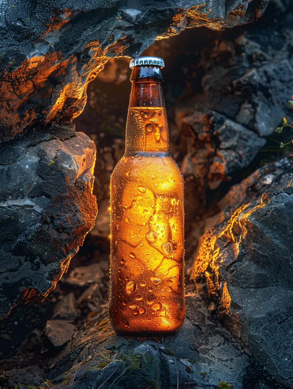 创意啤酒瓶产品岩石场景商业摄影广告海报midjourney关键词咒语 - Ai宇宙吧--Ai宇宙吧-
