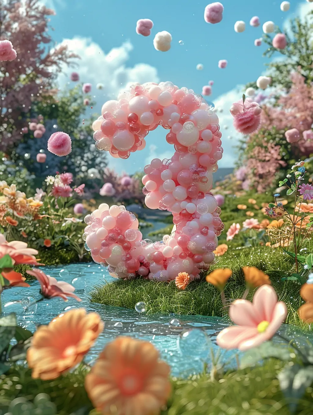 创意3D立体春天鲜花3月数字3气球鲜花植物梦幻场景合成海报midjourney关键词咒语 - Ai宇宙吧--Ai宇宙吧-