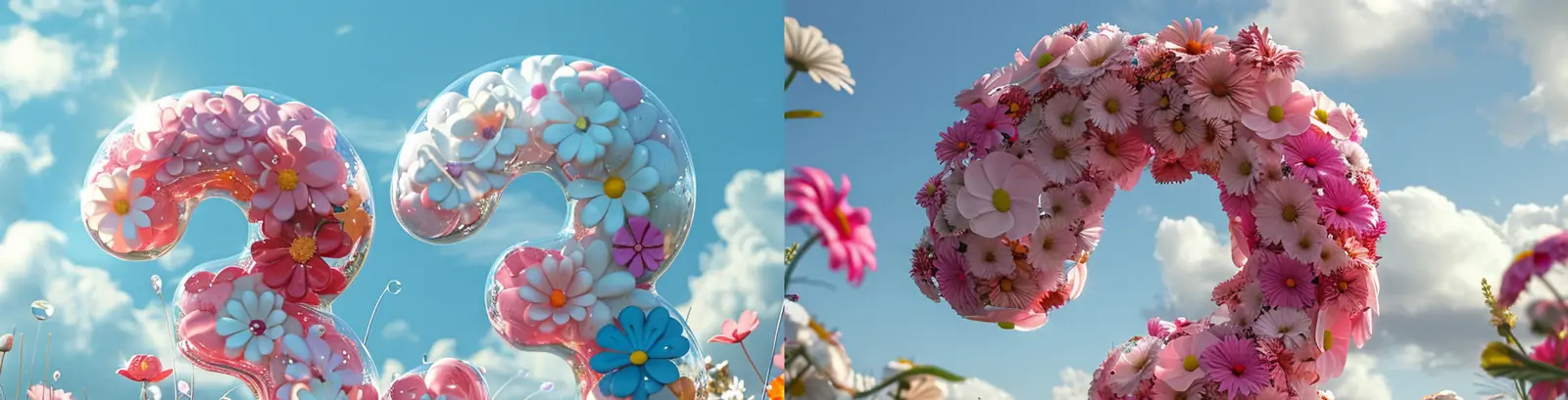 创意3D立体春天鲜花3月数字3气球鲜花植物梦幻场景合成海报midjourney关键词咒语