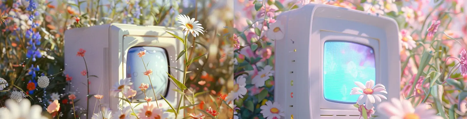 创意春天鲜花草地花园大头电脑可爱美学场景摄影海报midjourney关键词咒语