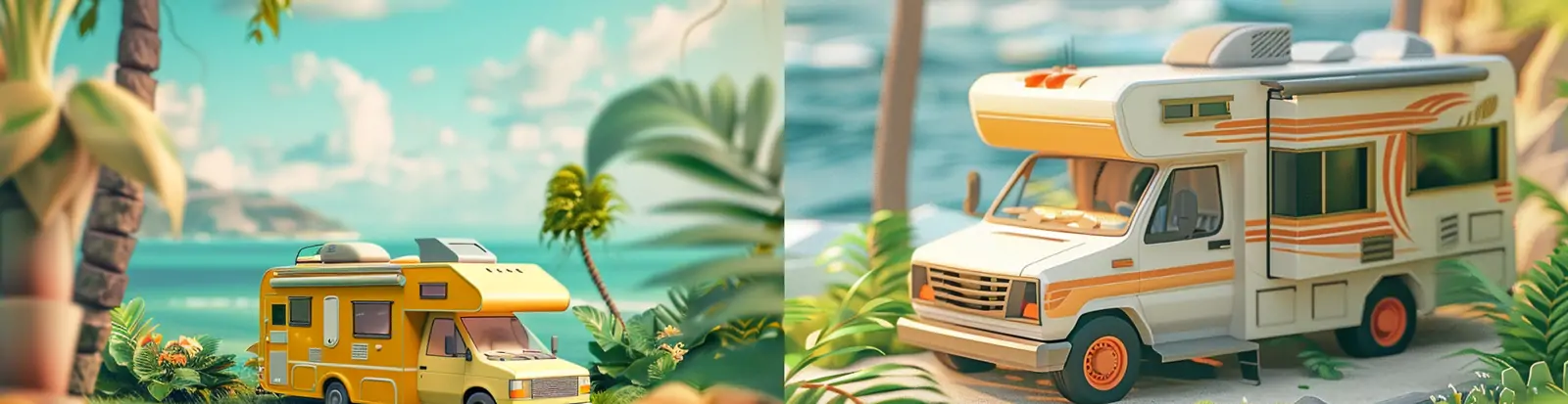 手绘梦幻春天卡通房车旅行踏青海边蓝天白云视觉场景插图海报midjourney关键词咒语