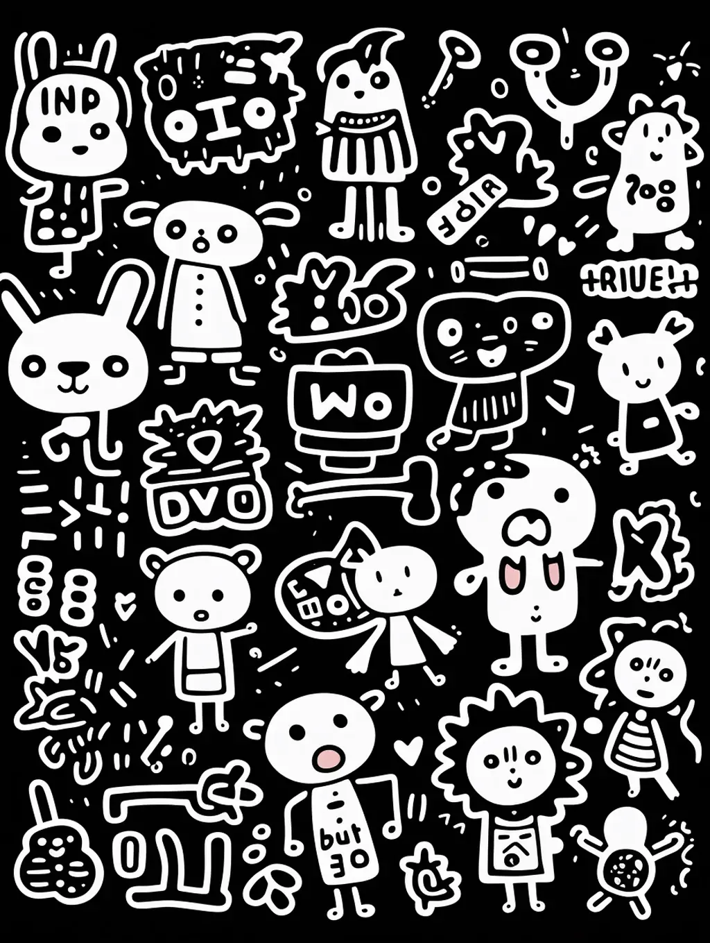 手绘可爱卡通儿童素描鲜花动物黑白线稿涂鸦图案插图绘画海报midjourney关键词咒语 - Ai宇宙吧--Ai宇宙吧-