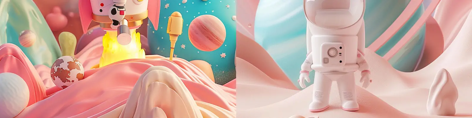 3D立体卡通可爱火箭宇航员太空行星景观场景插图海报midjourney关键词咒语